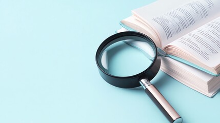 A magnifying glass rests on an open book, symbolizing research and exploration in learning and education.