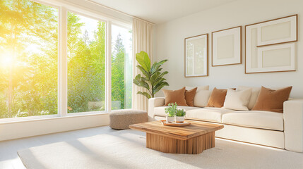 A bright living room with a cream sofa, brown pillows, and a wooden coffee table. A large window is on the left side of the wall. The floor is carpeted, and framed pictures hang above the couch.