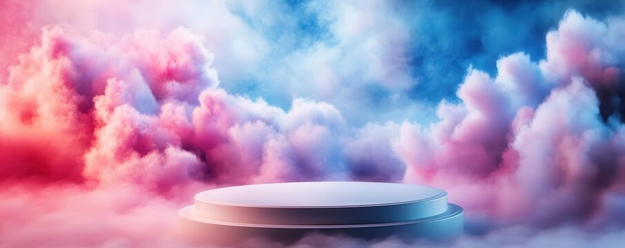 Podium floating in a surreal sky with colorful clouds