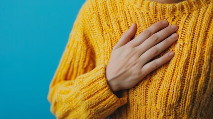 Closeup of a persons hand clutching their chest, emphasizing intense heart pain and suffering, cardiac emergency