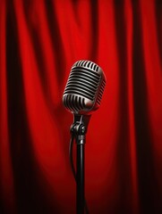 A classic microphone poised on stage in front of a rich red curtain, symbolizing performance and entertainment.