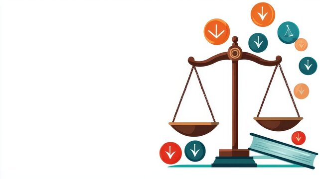 Scales of justice with ethical symbols, representing balanced morality, flat design illustration