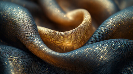 Close-up of shimmering gold and dark blue fabric, luxurious textile folds