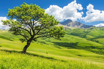 A serene landscape featuring a lone tree against a backdrop of green hills and mountains under a bright blue sky.