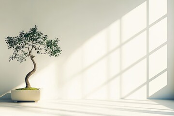 A serene indoor setting featuring a bonsai tree with gentle sunlight streaming through a window, creating elegant shadows.