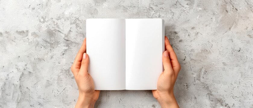 Top view of hands holding an open blank book on a gray marble background, ready for customization or design mockup purposes.