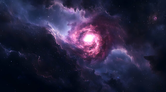 A vibrant pink nebula swirls in a dark cosmic space with scattered stars.