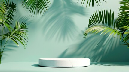 Fototapeta premium Minimalistic tropical scene with a white podium and green palm leaves casting shadows. Ideal for product display, background, and presentation.