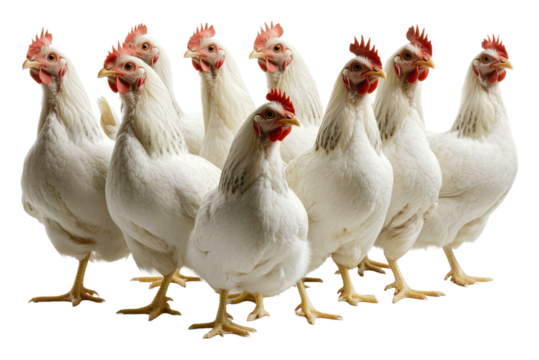 PNG Group of white chickens gathered in a farmyard