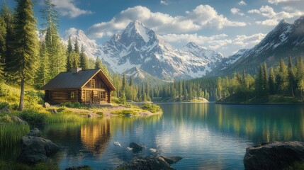 Fototapeta premium A rustic cabin overlooks a serene mountain lake, surrounded by towering peaks, creating an idyllic retreat in nature.