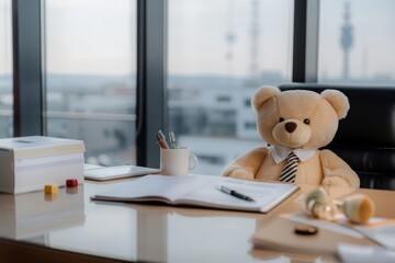 A plush teddy bear dressed in a business suit sits at a desk in an office. It is looking directly at the viewer with a serious expression