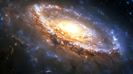 A vibrant spiral galaxy with a bright core and glowing arms, surrounded by a dark starry sky.