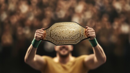 A victorious athlete proudly holds a championship belt high above their head, celebrating a hard-fought win in a crowded arena.
