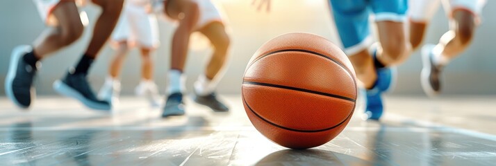 Close-up of a basketball with players running in the background on an indoor court, capturing the action and intensity of the game.