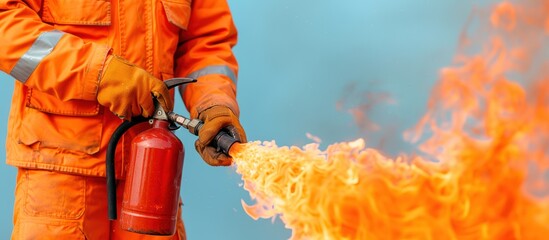 Firefighter in action extinguishing a blaze with a fire extinguisher. Safety, emergency response, and fire control concept.
