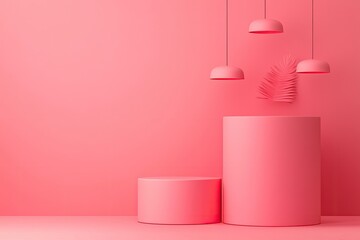 Stylish display of pink circular pedestals and pendant lights, creating a modern, minimalistic aesthetic for design inspiration.