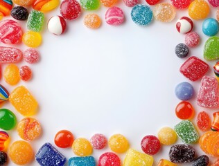 A collage of various candies, including jelly beans, lollipops, and hard candies.