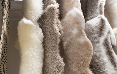 A row of fur rugs with different colors and textures