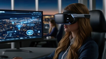 A woman at her desk immerses herself in a virtual reality experience to enhance her creative design project while collaborating with colleagues in a bright office