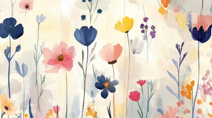 A seamless abstract pattern featuring various flowers in soft hues, creating a delicate and artistic floral background.