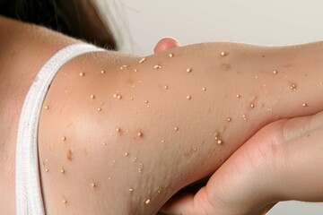 Close up of a human skin showing the characteristic rash caused by Mpox Monkeypox. The rash includes raised, pustular lesions that are a typical symptom of the viral infection.