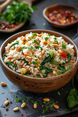 Spinach and Pine Nut Pilaf cooked with toasted pine nuts, spinach, onions, garlic, and vegetable broth.