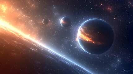 Obraz premium A vibrant view of the cosmos with a ringed planet, a distant star, and another planet in the foreground, all against a backdrop of stars.