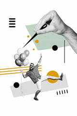 Vertical photo collage of happy guy hold air balloon birthday party celebration hand hold needle prick isolated on painted background