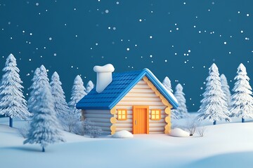 Naklejka premium Winter Wonderland Retreat: Pastel 3D Cozy Log Cabin with Snow-Covered Pines and Starry Night Sky