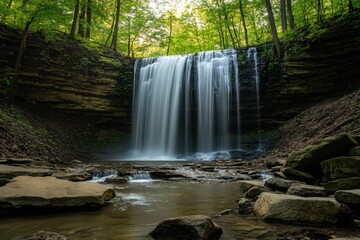 A waterfall in the middle of a forest.