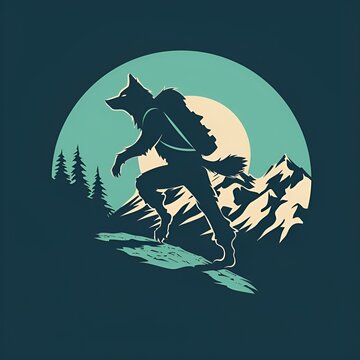 wolf hiking silhouette mountains teal background clip art preview