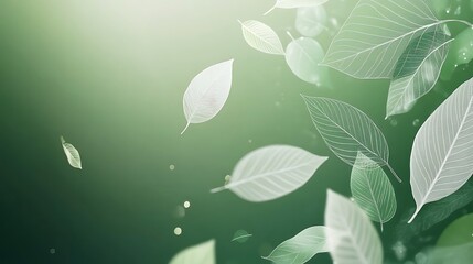 Fresh Green Abstract Background with Glowing White Leaf Symbols for Eco-Friendly and Wellness Concepts