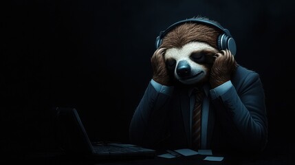 A sloth in a suit wearing headphones, expressing frustration while sitting in front of a laptop in a dark room.