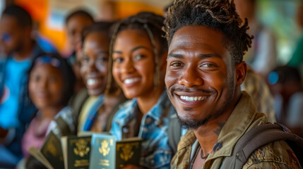 Fototapeta premium A group of five celebrates the arrival of their American passports, with smiles and excitement for future adventures