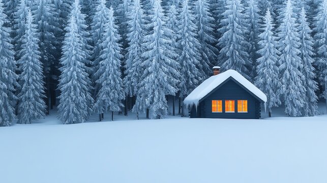 A cozy cabin nestled in a snowy forest, emitting warmth with glowing windows, surrounded by majestic snow-laden trees.
