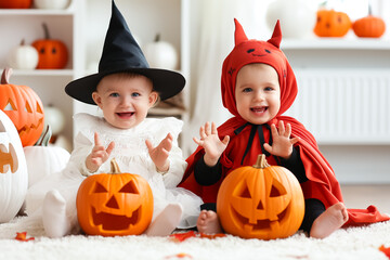 Fototapeta premium Two smiling toddlers dressed in a witch and devil costume happily pose with carved pumpkins in a cozy room adorned with Halloween decorations