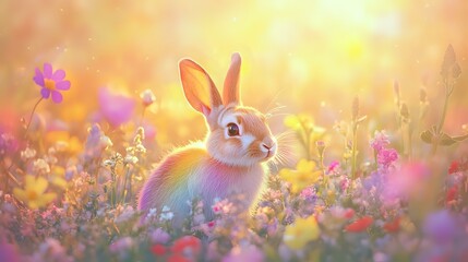 Fototapeta premium A rabbit with a rainbow-colored fur, surrounded by vibrant wildflowers, under a pastel-hued sky at sunset, with a soft focus and glowing light
