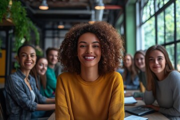 Fototapeta premium Confident young woman with curly hair smiling in a group setting, exuding positivity and leadership.