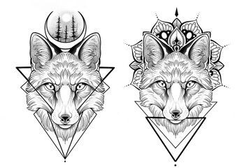 Two Wolves with Mandalas and The Moon