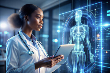 Anatomical diagram. Futuristic, innovative healthcare concept. Young black woman doctor studying AI medical scans. Future holographic AI holograms of human body.