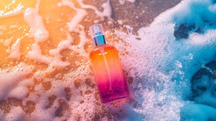 beach hair product, a vibrant sea salt spray bottle essential for beachy waves, featuring a sandy shore with crashing waves as the backdrop