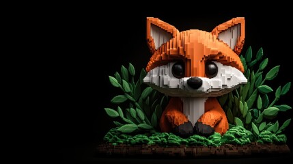 Obraz premium A vibrant fox figurine made of blocks, nestled among lush greenery, showcasing creativity and playfulness in design.