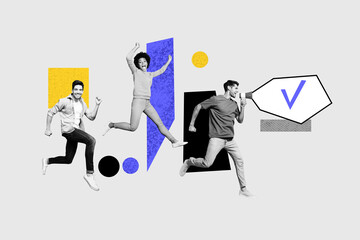 Composite photo collage of happy business people girl guy run megaphone agitation approval checkmark sign isolated on painted background