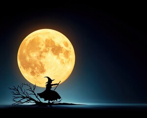 A silhouette of a witch standing on a branch under a full moon, creating a mystical and eerie atmosphere perfect for Halloween.