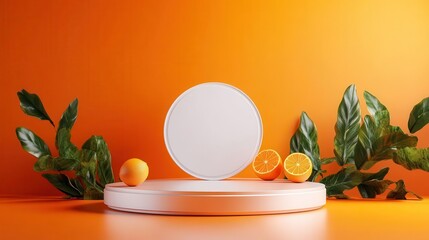Minimalist product display with orange fruit and leaves on orange background