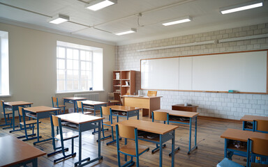 Empty high school classroom interior, showcasing a back-to-school concept with desks, chairs, and educational materials, ready for a new academic year