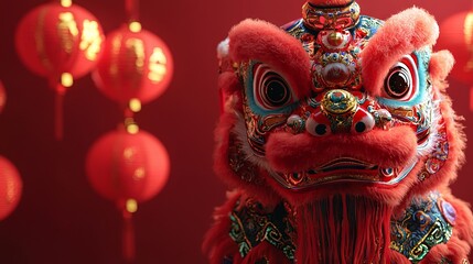 Traditional Chinese lion dance costume with lanterns