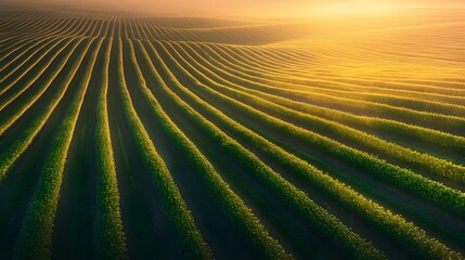 Serene aerial view of lush green fields at sunrise, showcasing beautiful crop patterns.
