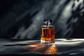Luxury mens perfume on grey table with dark background.
