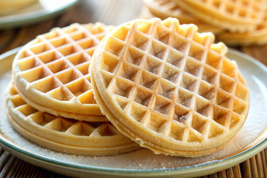 1950s households favored frozen eggo waffles on the plate. Close-up.
